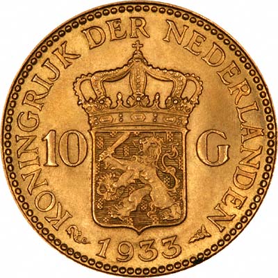 Reverse of 1933 Netherlands 10 Guilder