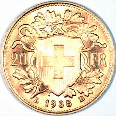 Reverse of 1935 Swiss 20 Francs