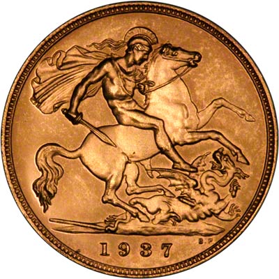 George VI on Obverse of 1937 Gold Proof Coronation Five Pounds