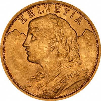 Obverse of 1896 Swiss 20 Francs