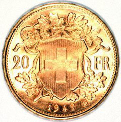 Our 1949 Swiss 20 Gold Franc Vreneli Reverse Photo