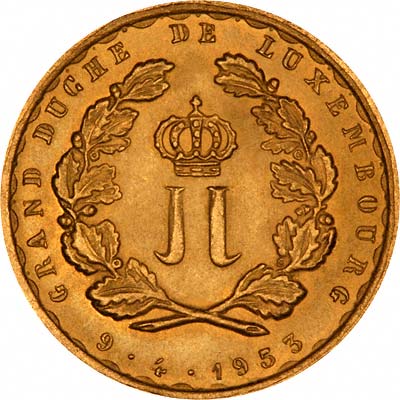 Reverse of 1953 Luxembourg Gold 20 Francs