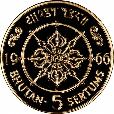 Reverse of 1966 Bhutan Gold Proof 5 Sertum