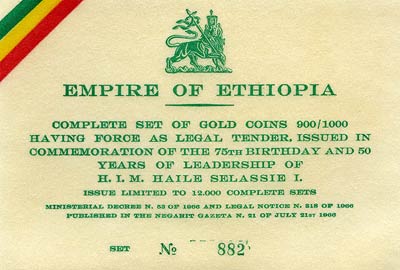Certificate from 1966 Ethiopian Gold Proof Set