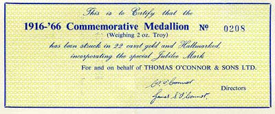 1966 Easter Rising Gold Medallion Certificate