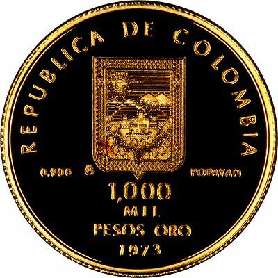 Reverse of 1973 Colombian 1000 Pesos Gold Coin