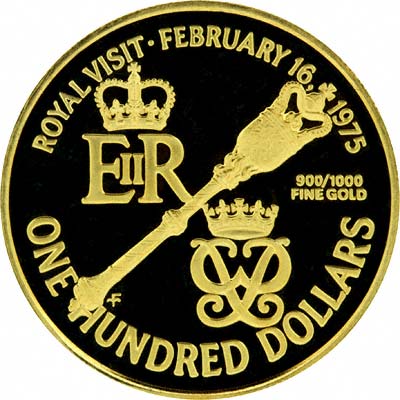 Reverse of 1975 Royal Visit $100 Gold Proof Coin