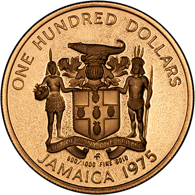 Obverse of 1975 Jamaica 100 dollars