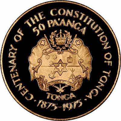 Coat of Arms on Obverse of 1975 Tonga Gold 50 Pa'Anga
