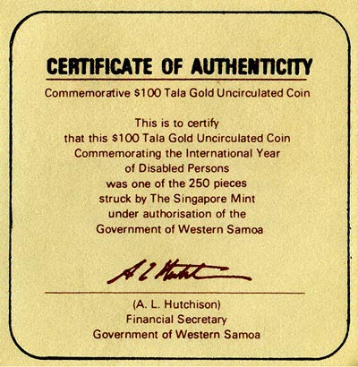 1981 Western Samoa 100 Tala Certificate