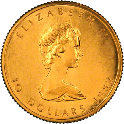 Obverse of 1982 Canadian Quarter Ounce Gold Maple Leaf