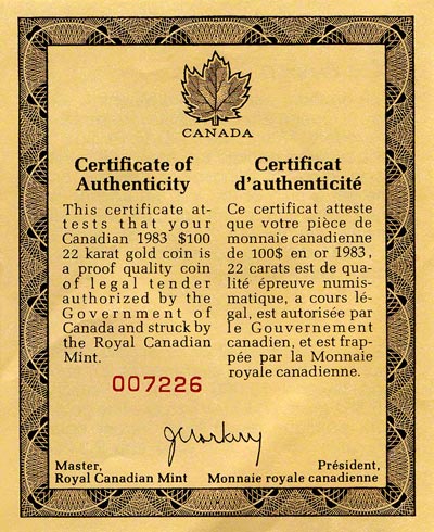 1983 Canadian Gold Proof 100 Dollars Certificate