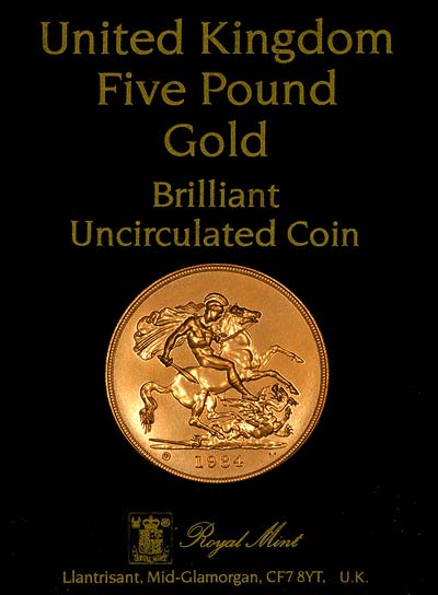1984 Five Pounds Gold Coin in Card of Issue