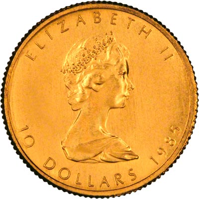 Obverse of 1985 Canadian Quarter Ounce Gold Maple Leaf