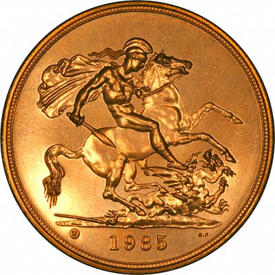 Reverse of 1985 'Brilliant Uncirculated' Five Pounds Gold Coin