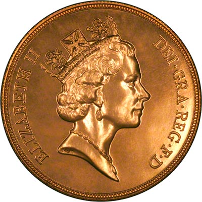 Obverse of 1986 'Brilliant Uncirculated' Five Pounds Gold Coin
