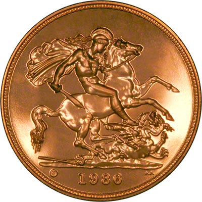 Reverse of 1986 'Brilliant Uncirculated' Five Pounds Gold Coin