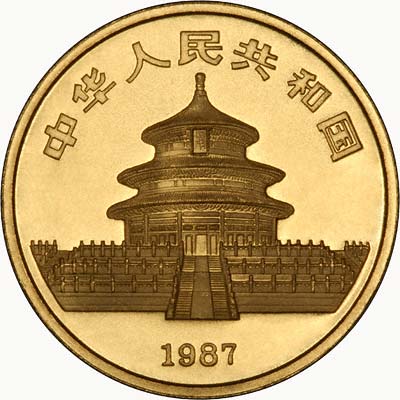 Obverse of 1987 One Ounce Gold Panda Coin