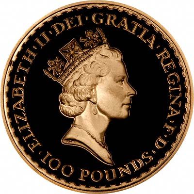 Obverse of 1988 One Ounce Gold Proof Britannia - One Hundred Pounds