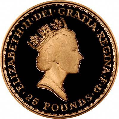Obverse of £25 Quarter Ounce Gold Britannia Proof