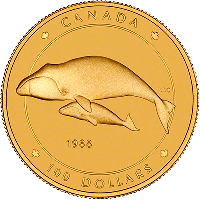 Bowhead Whale and Calf on Reverse of 1988 Canadian Gold Proof 100 Dollars