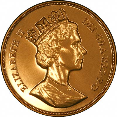 Uncouped Portrait on Obverse of 1988 'Brilliant Uncirculated' Five Pounds Gold Coin