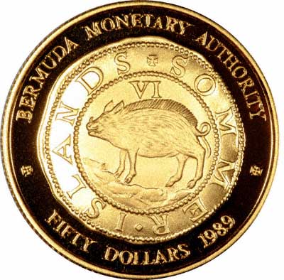 Hogge Money Sixpence Reverse of Bermuda Gold $50 of 1989