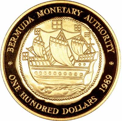 Sailing Ship on Reverse of Bermuda Gold $100 of 1989
