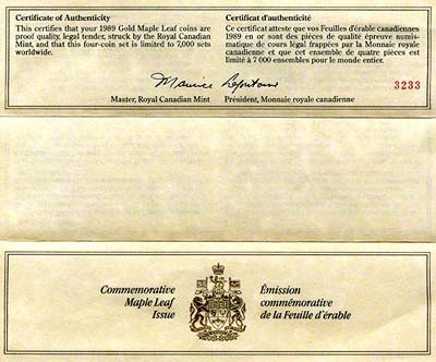 1989 Canadian Gold Maple Set Certificate