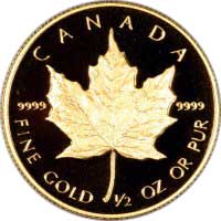 Reverse of 1989 Proof Canadian Half Ounce Gold Maple Leaf - 20 Dollars