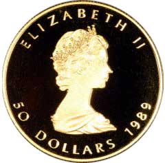 Obverse of 1989 Proof Canadian Gold Maple Leaf