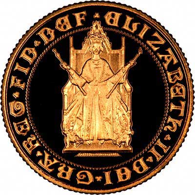 The Queen Seated on a Throne on the Obverse of 1989 Gold Sovereign