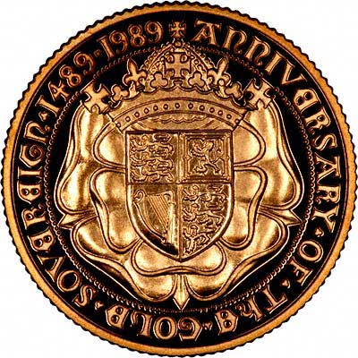 Crowned Tudor Rose Bearing Royal Arms on Reverse of 1989 Sovereign