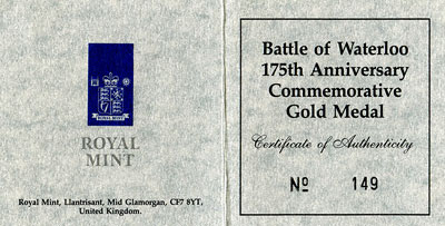 1990 Battle of Waterloo 175th Anniversary Gold Medallion Certificate