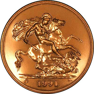 Reverse of 1991 B.U. Five Pounds Gold Coin
