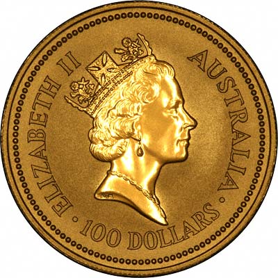 Obverse of 1992 Australian Half Ounce Gold Kangaroo Nugget Coin