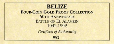 1992 Belize 4 Coin Set Certificate