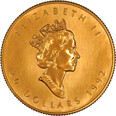 Obverse of 1992 Canadian Half Ounce Gold Maple Leaf