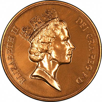 Raphael Maklouf Portrait of Queen Elizabeth II on Obverse of 1992 Brilliant Uncirculated Five Pound Gold Coin