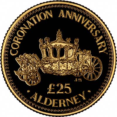 State Coach on Reverse of 1993 Alderney Coronation 40th Anniversary Gold £25 Proof