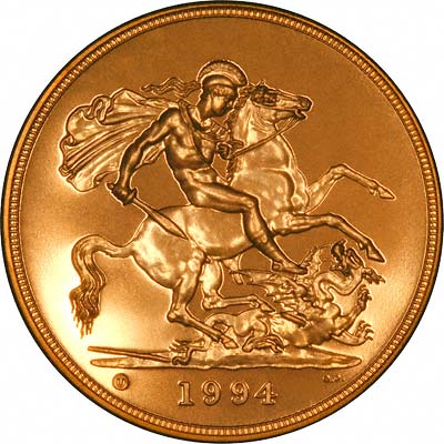 Reverse of 1994 'Brilliant Uncirulated' Five Pounds Gold Coin