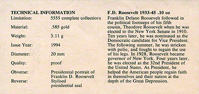 1994 Franklin Roosevelt Presidents of the USA Gold Medallion Certificate Reverse