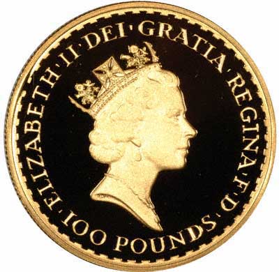 Obverse of 1993 Gold Proof One Ounce £100 Britannia