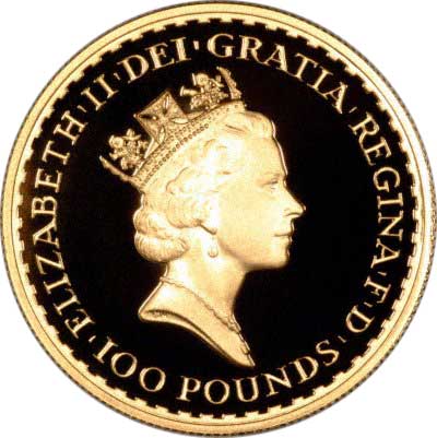 Obverse of 1991 One Ounce Britannia - One Hundred Pounds