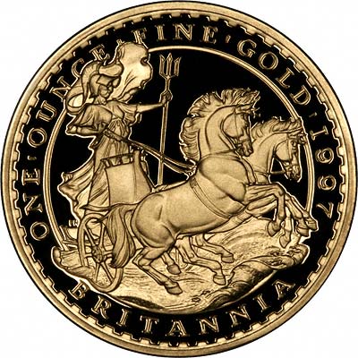 Britannia in Chariot on Reverse of 1997 One Ounce Britannia - One Hundred Pounds