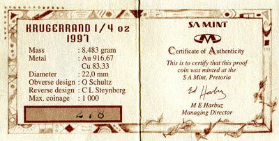 1997 Quarter Ounce Proof Krugerrand Certificate