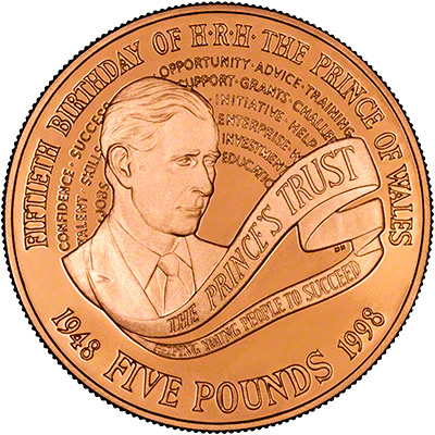 Reverse of the Prince Charles 50th Birthday 1998 Proof Five Pounds Gold Crown