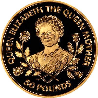 Queen Mother on Reverse of 1998 Guernsey £50 Gold Proof Coin