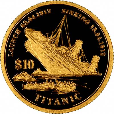 The Titanic on Reverse of 1998 Kiribati Gold 10 Dollars