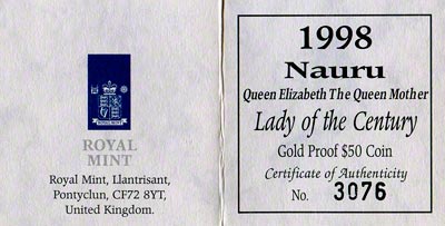1998 Nauru Gold Proof Fifty Dollars Certificate